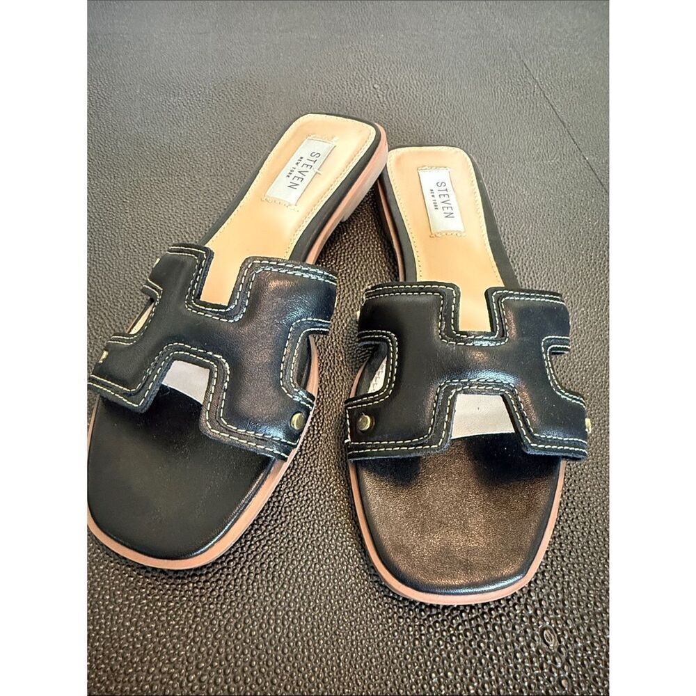 Steven by Steve Madden Harlien Black Leather Slide Sandals White Stitching 6